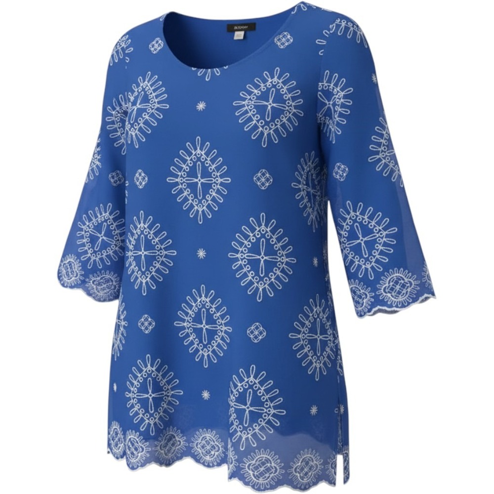 Alfani Embroidered Mesh Tunic Top Royal Blue XL 3/4 Sleeve Scalloped Hem